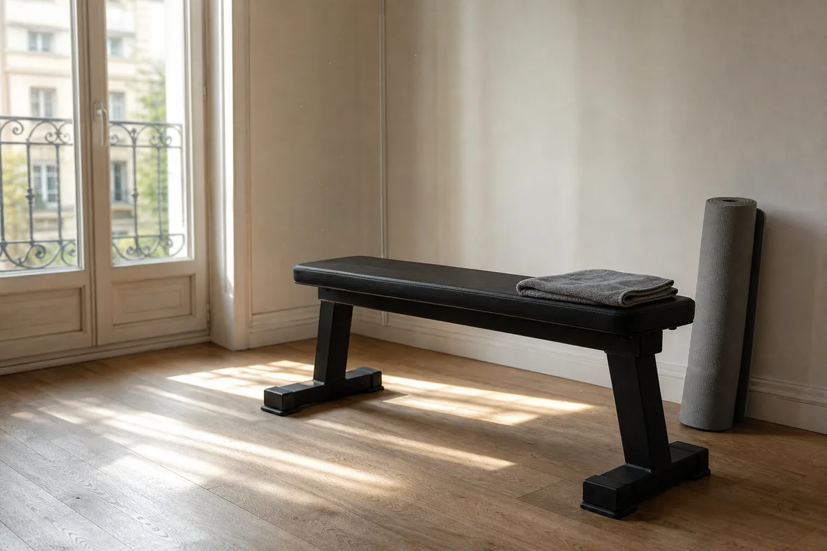 Serviette pliée sur un banc de musculation vide, jour de repos entre les séances
